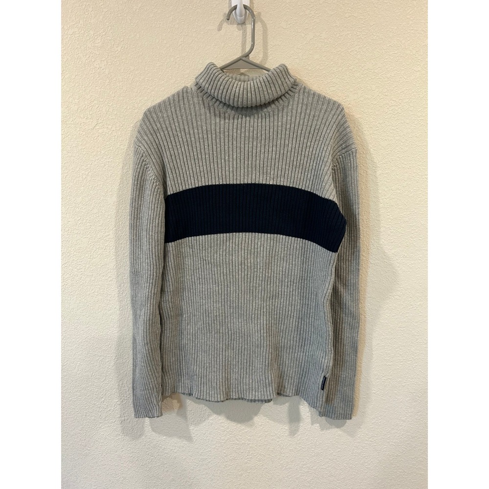 Nautica Jeans Company Mens Gray Ribbed Turtleneck Sweater With Navy Stripe L